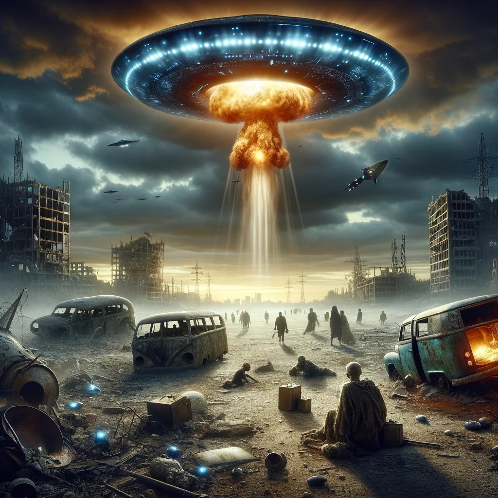 The image captures a devastated post-apocalyptic wasteland where tattered survivors wander without hope. An atomic bomb explodes in the distance, and nearby, a UFO hovers, emitting beams of light that suggest it may be scanning or possibly saving the survivors. This scene combines despair with a hint of hope through the intervention of extraterrestrial technology.