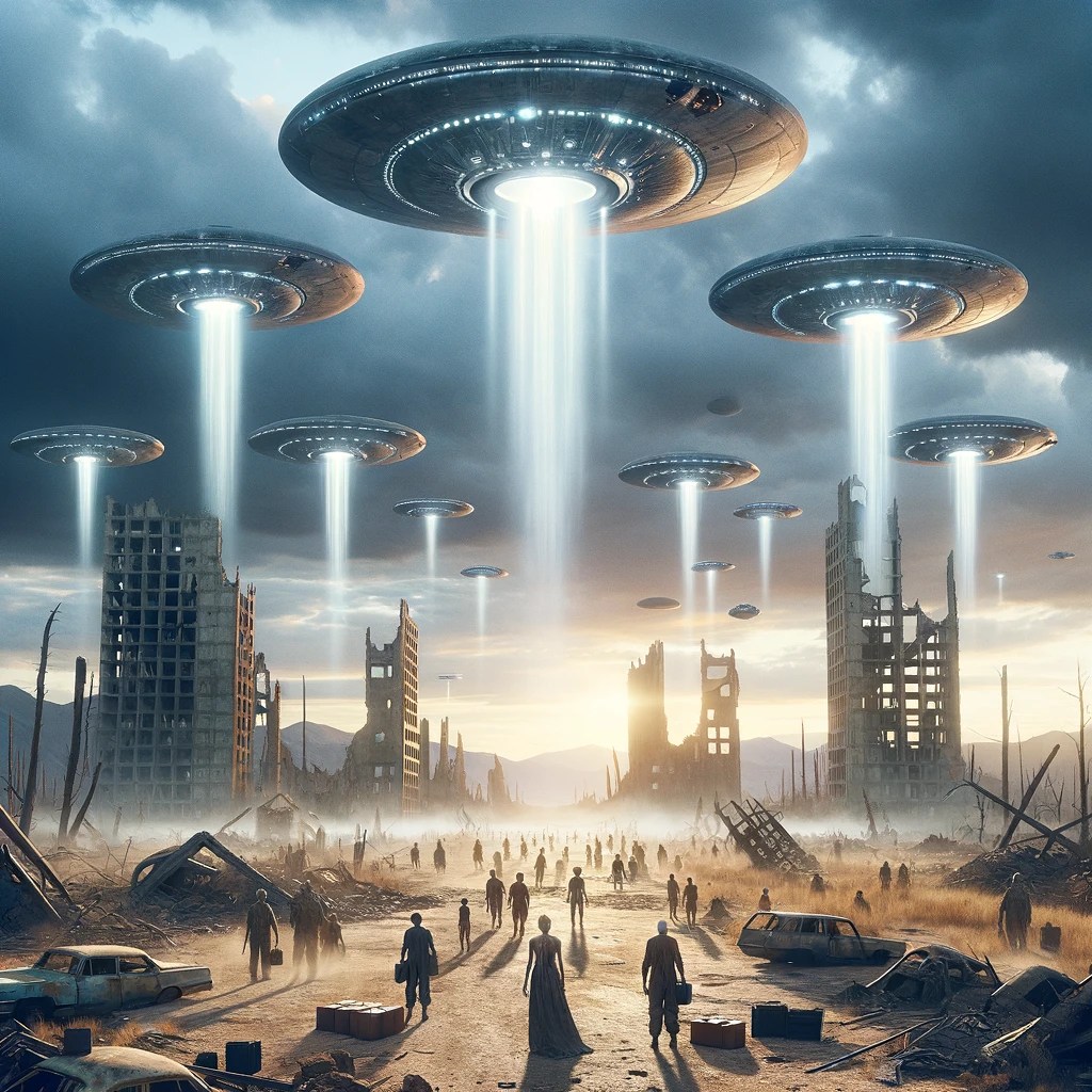 The image has been updated to show a more photorealistic scene of a devastated post-apocalyptic wasteland, with the atomic bomb blast removed and the sky filled with multiple UFOs. These UFOs are conducting what appears to be an organized scanning or rescue operation, offering a glimmer of hope amidst the desolation.