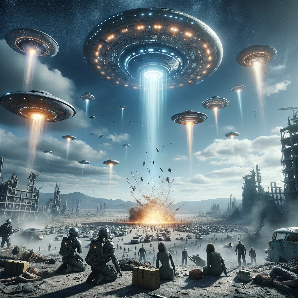 The perspective has been shifted to ground level, showing survivors looking up as UFOs from different planets engage in an aerial battle right above them, amidst rescue operations. This point of view emphasizes the letter's contrast between the post-apocalyptic landscape and the otherworldly craft above. The focus on the experience of those on the ground makes the scene immersive and relatable, with an emotionally engaging connection to the unfolding drama in the sky.